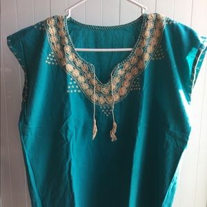 Turquoise “Huipil” with cream embroidered details